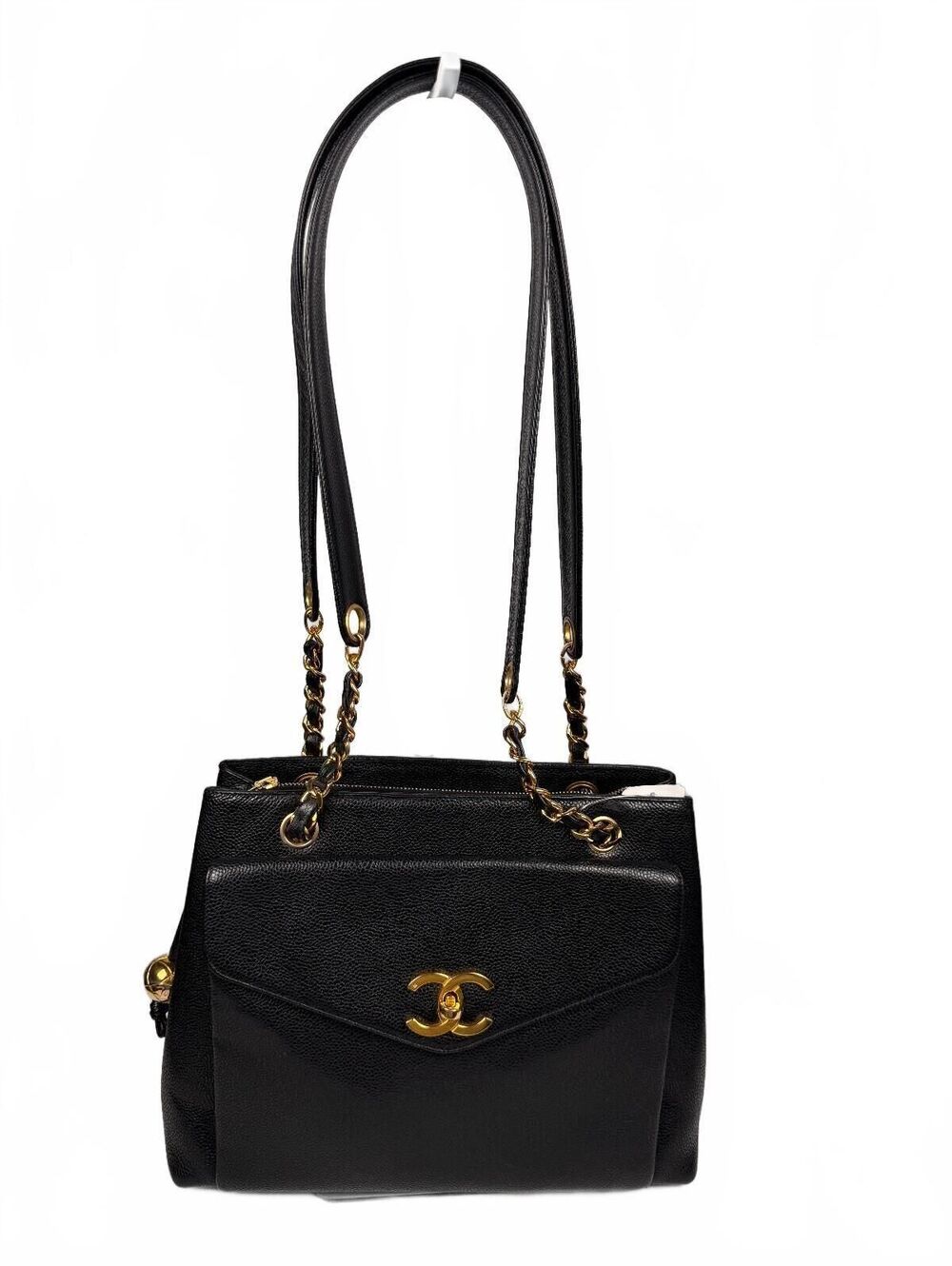 Chanel Vintage 90's Black Caviar Leather CC Turn Lock Chain Shoulder Bag gold